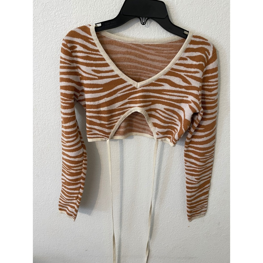 Zebra Print Womens Tie Front Cropped Sweater Long Sleeve Top Small‎